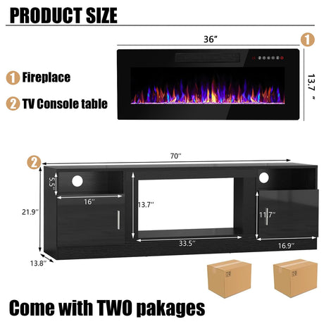 VITESSE Fireplace with TV Stand 36" inch Electric Fireplace Up to 80" TVs, LED Light Entertainment Center, 70" Modern Wood High Gloss with Highlight Storage Cabinet for Living Room (Black) VITESSE