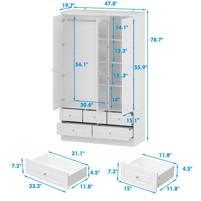 MOUMON 3 Door Wardrobe Closet with Mirror & 5 Drawers, Wardrobe Armoire Closet with Hanging Rod, Armoire Wardrobe with 4 Tier Shelves, Closet for Bedroom White (47.8”W x 19.7”D x 78.7”H) - WoodArtSupply