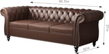 RUSTYER Chesterfield 3 Seater Sofa, Modern Leather Tufted Couch 3 Seater with Rolled Arms and Nailhead Mid-Century Upholstered Couch for Living Room, Bedroom, Apartment and Office, Brown RUSTYER