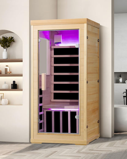 SpaZeit 1 Person Far Infrared Sauna for Home Spa, 1000W Low EMF Wooden Dry Sauna Room with LED Lamp, LCD Control Panel, Tempered Glass Door, 7 Colors Lighting, 66.93"x31.44"x31.44"