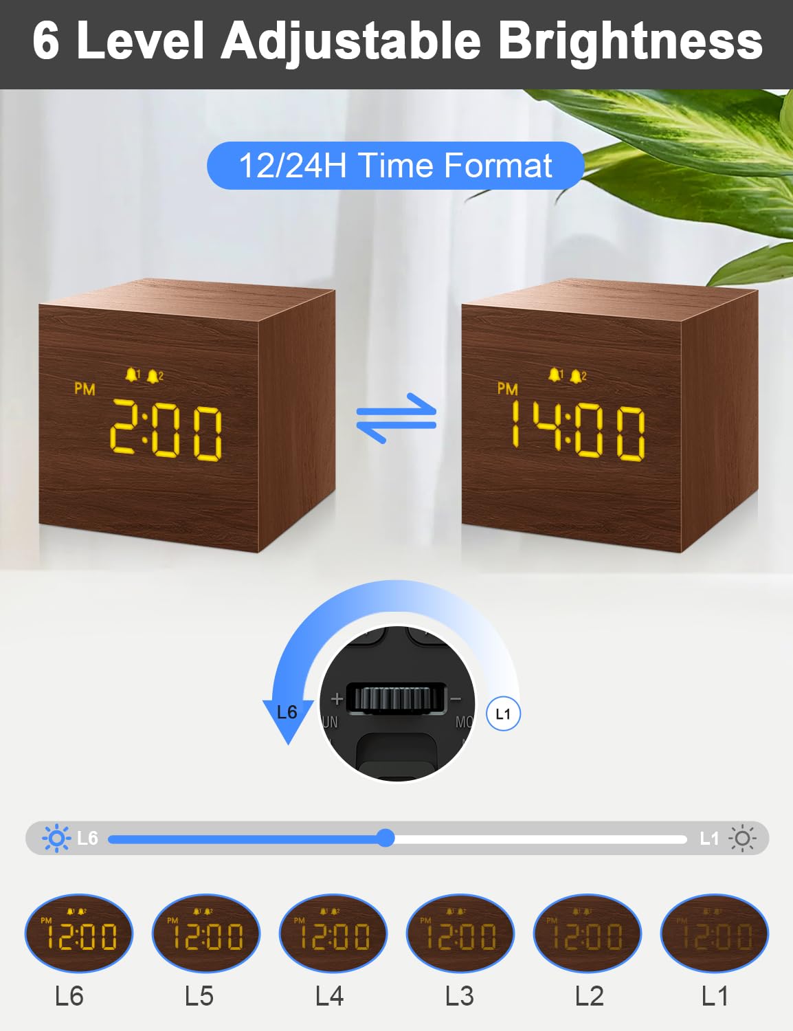 Digital Alarm Clock, with Wooden Electronic LED Time Display, 3 Alarm, 2.5-inch Cubic Small Mini Wood Made Electric Clocks for Bedroom, Bedside, Desk, Brown JALL