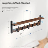 Tatub 29" Rustic Coat Rack Wall Mount with Shelf, Wall Hooks with Shelf, Entryway Floating Shelf with 5 Metal Hooks, Coat Hangers for Entryway, Living Room, Bedroom, Brown Black Tatub