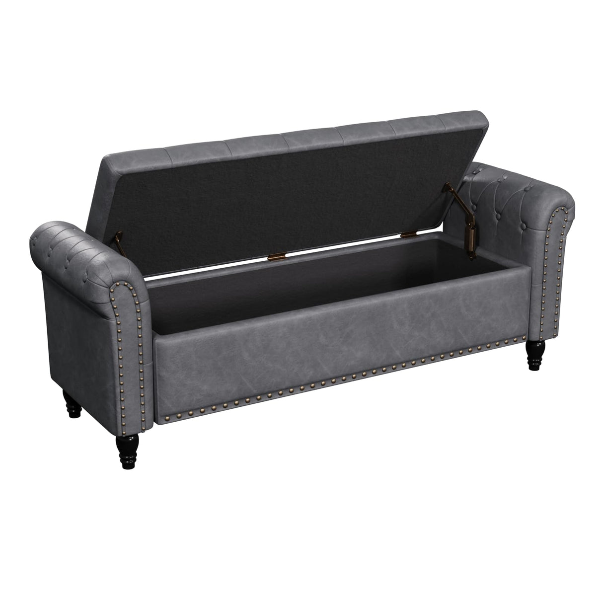 65 Inch Bedroom Bench, End of Bed Bench with Storage, Bed Benches for Foot of Bed, Faux Leather Window Bench with Tufted Button and Nailhead Trim, Upholstered Storage Bench with Rolled Arms, Gray FiveWillowise