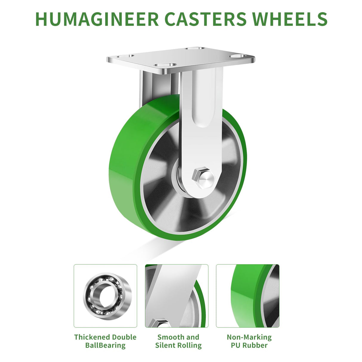 Humagineer 6 Inch Industrial Fixed Casters, Heavy Duty Industrial Grade Caster, Maintenance-Free Aluminum Core PU Wheels 2500 LBS, Durable Rigid Casters Wheels for Industrial, Equipment Humagineer