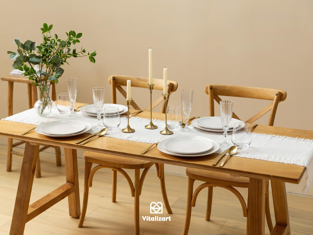 Vitalizart White Table Runner 14"x72" Waffle Weave Boho Rustic Fringe Cotton Farmhouse Table Cloth for Home Decor Coffee Table Bedroom Kitchen Dining Bridal Wedding Baby Shower Decoration Vitalizart