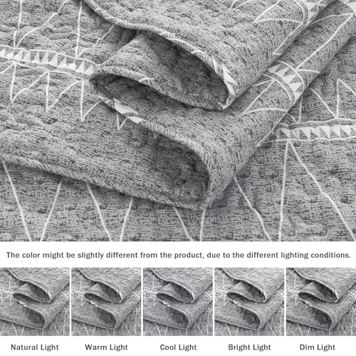 Andency Quilts Queen Size Grey, 3 Pieces Queen Quilt Bedding Set Boho Lightweight Soft Striped Bedspread for All Season (90"x96"), Gray Printed Bohemian Microfiber Reversible Coverlet Comoforter Sets