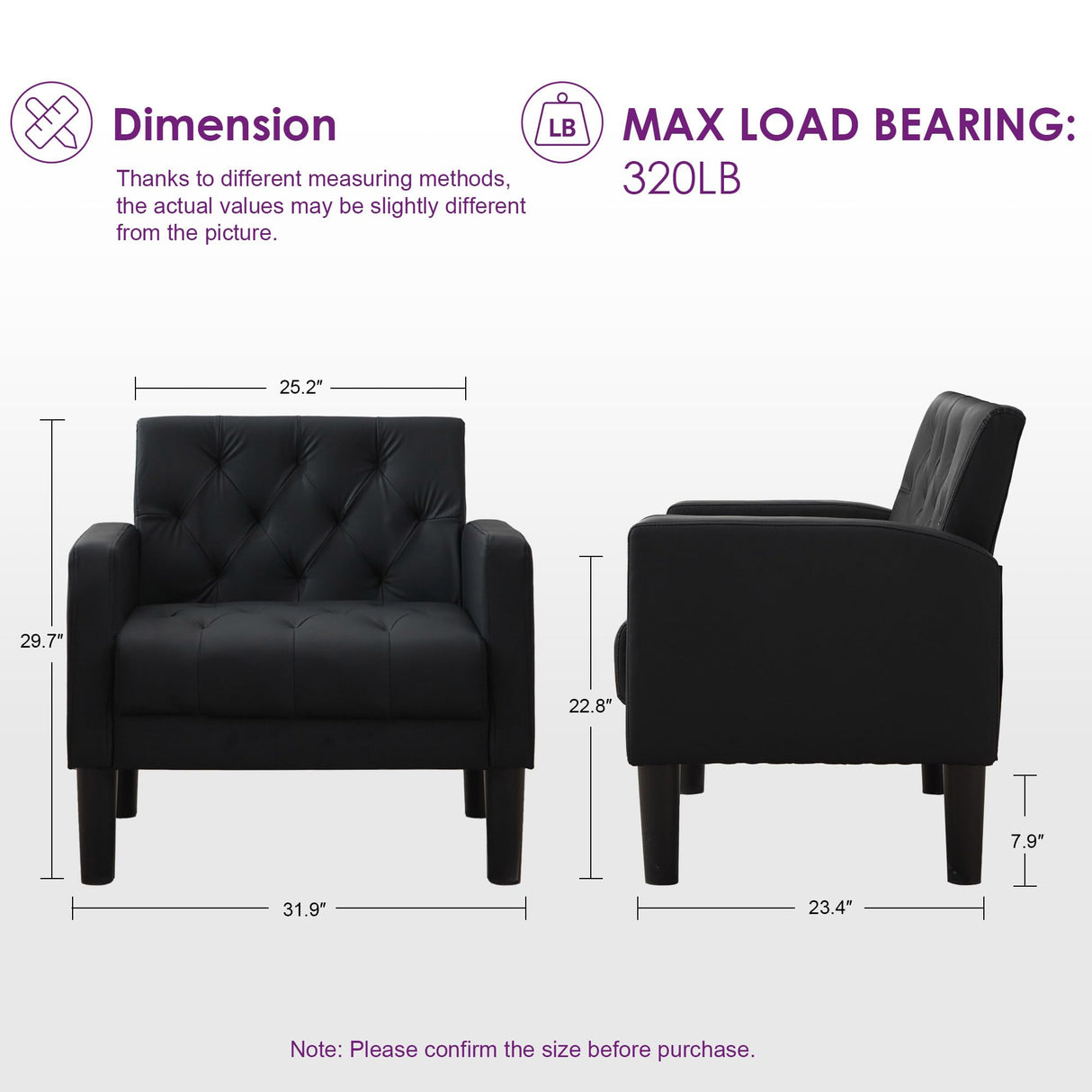 TYBOATLE Accent Chairs Set of 2 Comfy Living Room Chair Black Leather Tufted Mid Century Modern Accent Chair, Small Cozy Reading Arm Chair for Office, Bedroom (2, Black) TYBOATLE