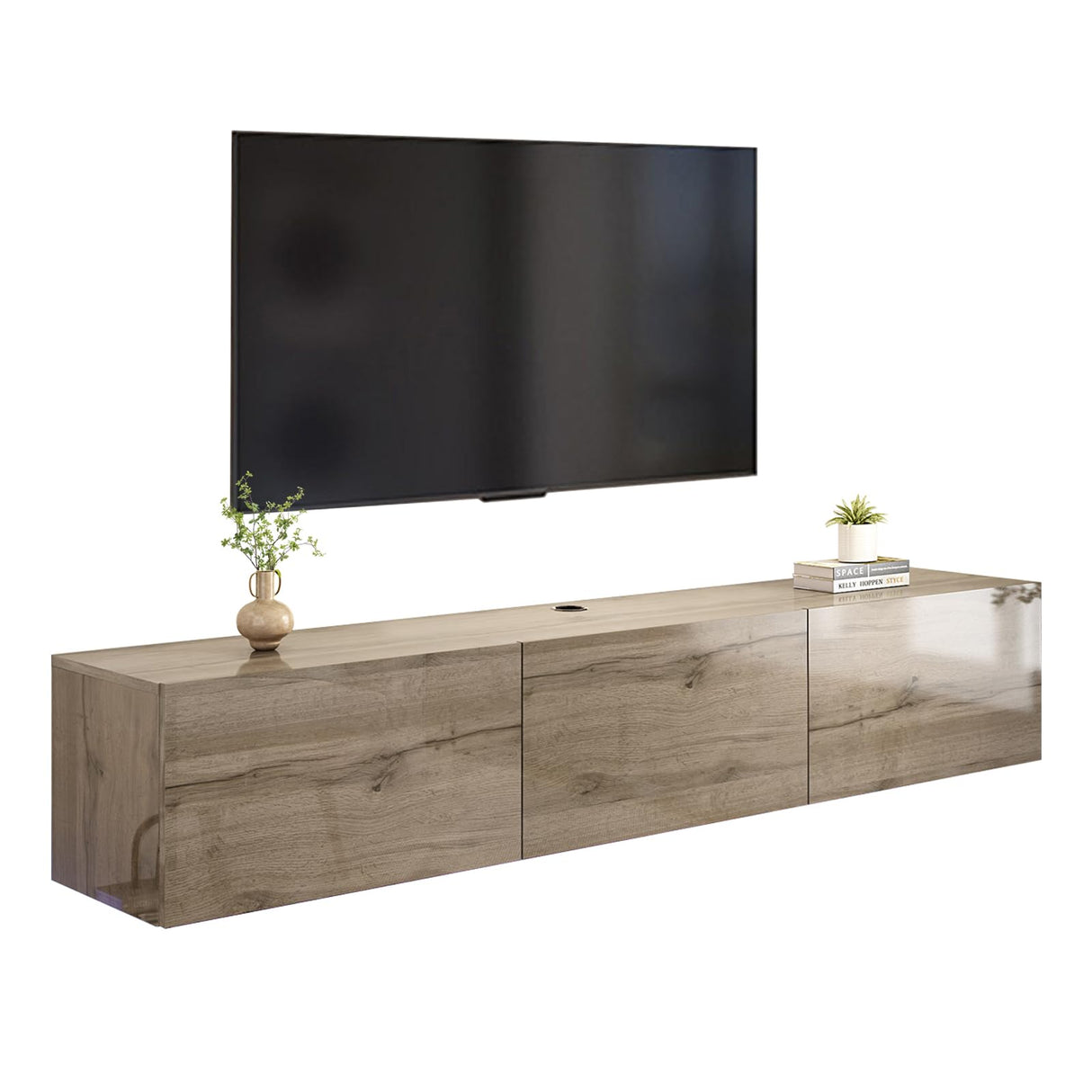 AMERLIFE Floating TV Stand with LED Lights and Power Outlet, 70in High Gloss Wooden Texture Wall Mounted Media Console, Entertainment Center for TVs Up to 80", Grey AMERLIFE