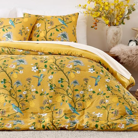 MUSSEL Yellow Bedding Queen Comforter Set 3 Pieces,Vintage Botanical Floral Pattern Bed Comforter Sets,Boho Whimsical Modern Printed Design Cute Seersucker Bedroom Comforter and Shams MUSSEL