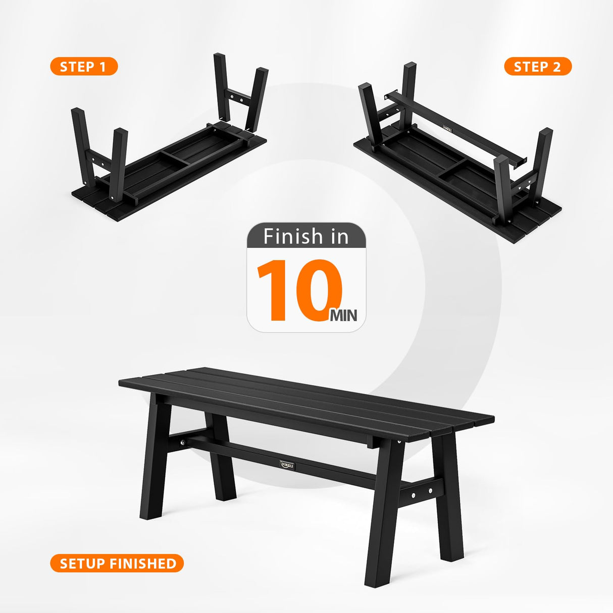 VINGLI 47” Outdoor Bench Garden Bench HDPE Porch Bench w/Metal Legs, Poly Lumber Patio Benches, 660 LBS Capacity Outdoor Backless Benches(Black) VINGLI