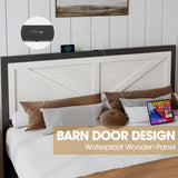 Siihnon Rustic Bed Frame King Size with Barn Door Headboard, LED Bed Frame with Charging Station, Industrial Platform Metal Bed Frames, No Box Spring Needed, Easy Assembly, White Siihnon