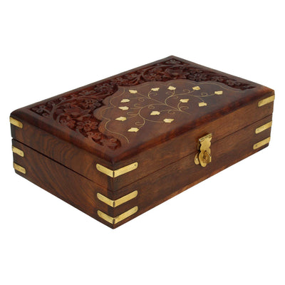 Ajuny Handmade Wooden Jewellery Box with Brass Inlay for Women | Hand carved Multipurpose Keepsake Storage Travel Organizer | Vintage Decorative Chest Trinket Holder Gift - 8x5