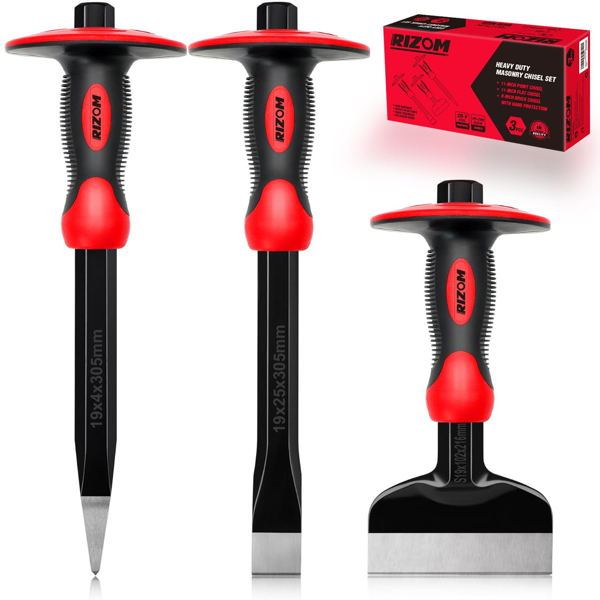 Rizom Chisel Set with Hand Protection, 3 Pcs Rock Chisel Stone Chisel, Heavy Duty Masonry Tools including 11-Inch Point and Flat, 8-Inch Brick Rizom