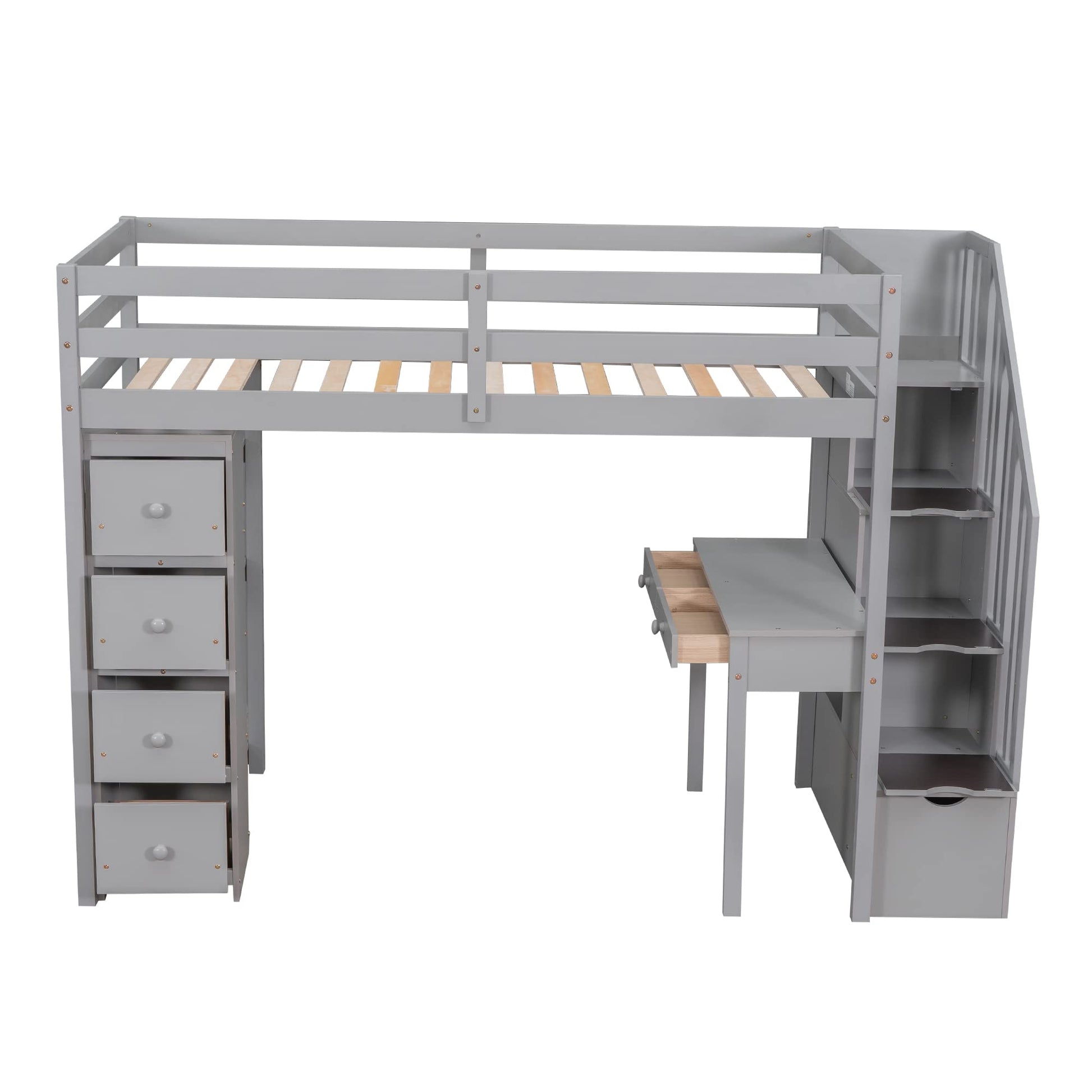 Bellemave Twin Loft Bed with Stairs, Desk, and Storage Drawers - Modern Gray Wood Frame for Kids and Teens - WoodArtSupply