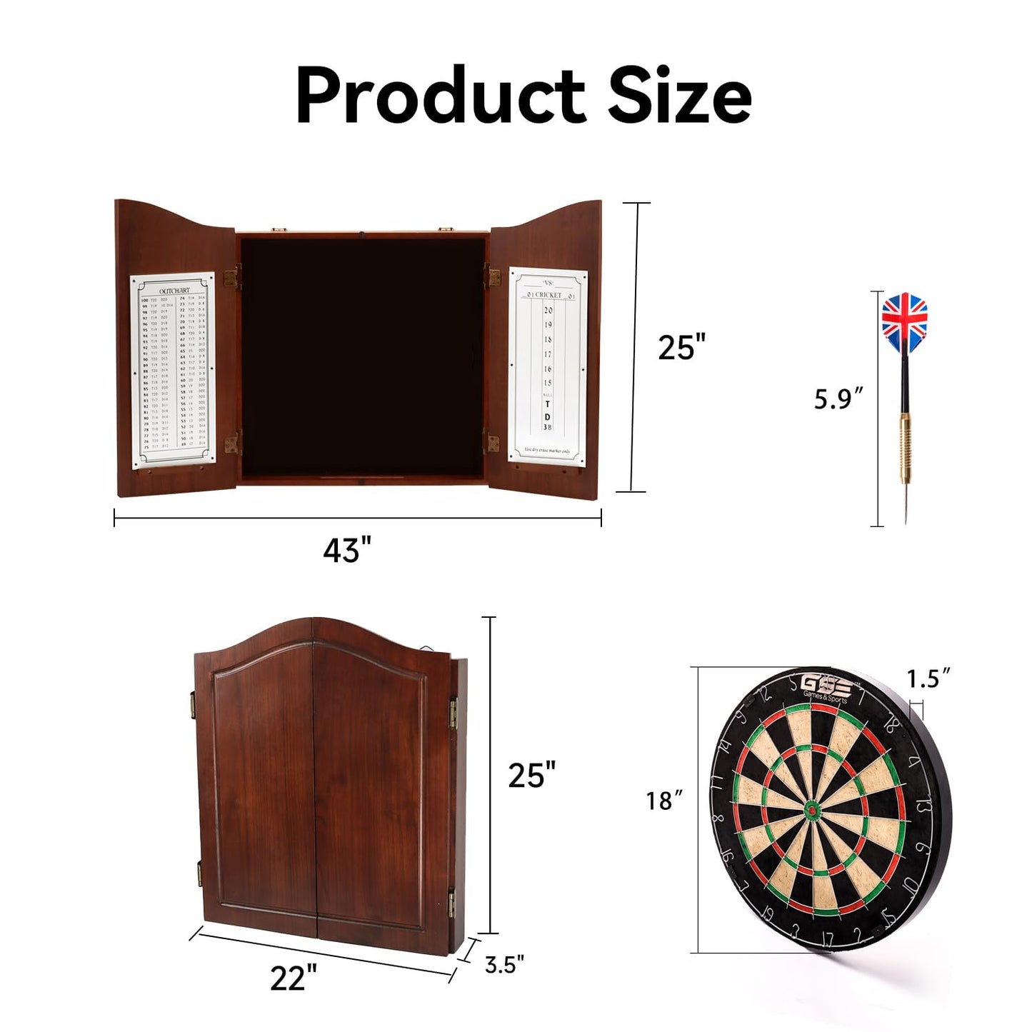 GSE Professional Solid Wood Classic Dartboard Cabinet with Sisal/Bristle Dartboard, Dart Scoreboard, and 6 Steel Tip Darts, Easy Assembly Complete with All Accessories(Deluxe Walnut) - WoodArtSupply