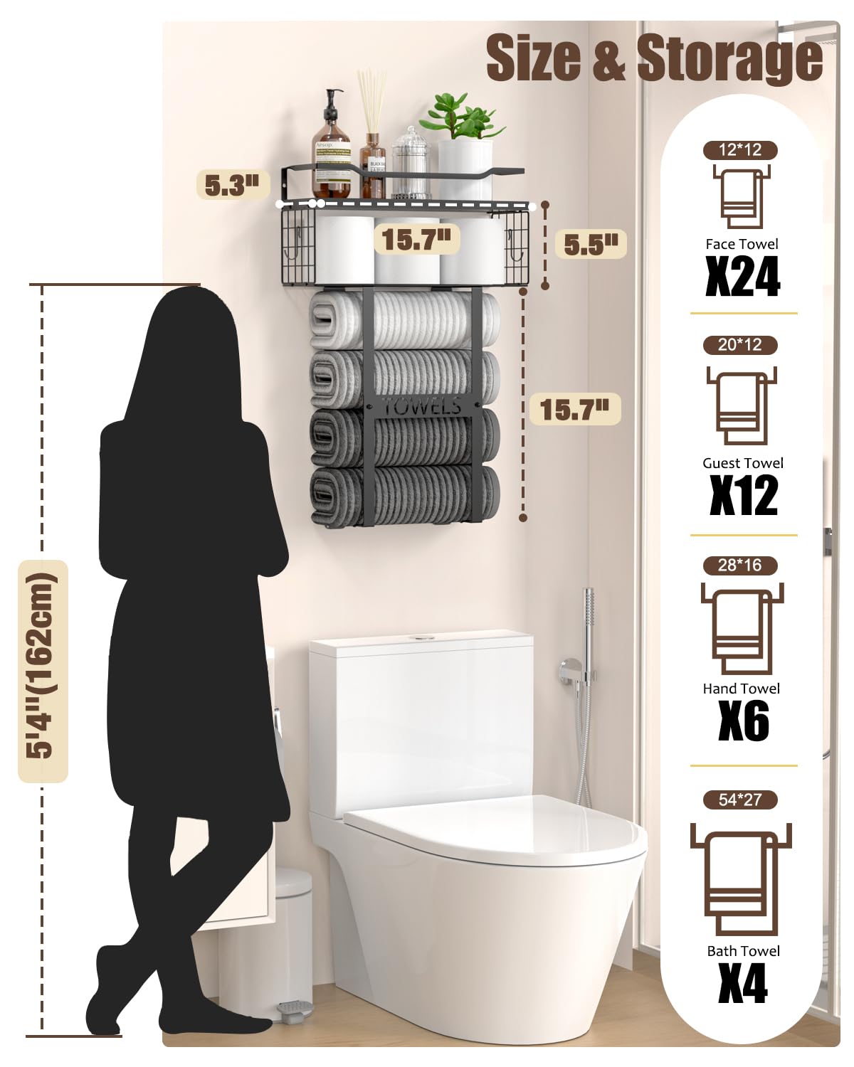 Wall Mounted Towel Rack for Bathroom - Bath Storage Holder Set Above Toilet, Rolled Towel Shelf Organizer, Wood Vertical Rack for Small Bathroom Decor, Black Aetyord