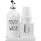 Mouthwash Dispenser for Bathroom, 16 OZ Glass Mouthwash Dispenser with Pour Spout and Wood Cup Holder and Tray, Mouth Wash Bottle Container, Farmhouse Kitchen Bathroom Decor and Accessories, White Bivvclaz