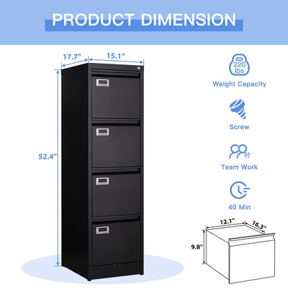 Yizosh 4 Drawer Black File Cabinet with Lock, Filing Cabinets for Home Office, Metal Locking Office File Storage Cabinets with Drawers, Vertical Small Filing Cabinet Organizer for Legal/A4 - WoodArtSupply