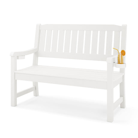 LUE BONA Outdoor Bench, 2-Person HDPS Garden Bench, Outdoor Benches Weatherproof, All-Weather Fade/Rot Resistant Patio Bench for Park, Front Porch, Backyard (White) LUE BONA