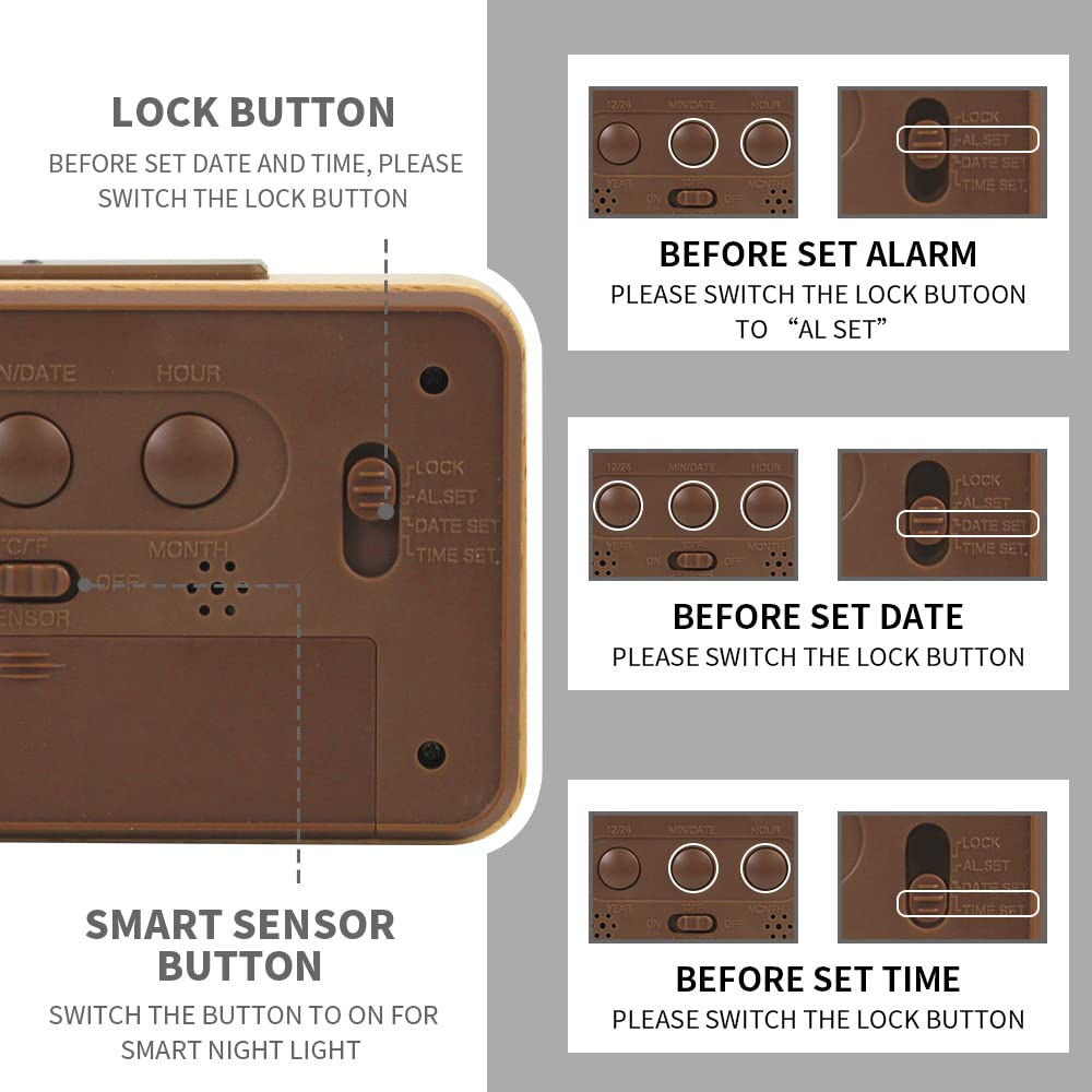 everwood Wooden Digital Alarm Clocks for Bedrooms Battery Operated, Wooden LCD Digital Clock with Smart Sensor Night Light, Temperature Detect, Snooze Function everwood