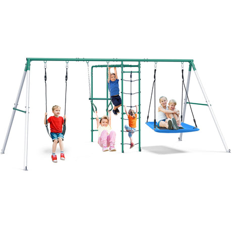 Hapfan Swing Sets for Backyard with Monkey Bars, Belt Swing, Platform Swing, Climbing Net, Trapeze Bar, Outdoor Playset for Kids Hapfan