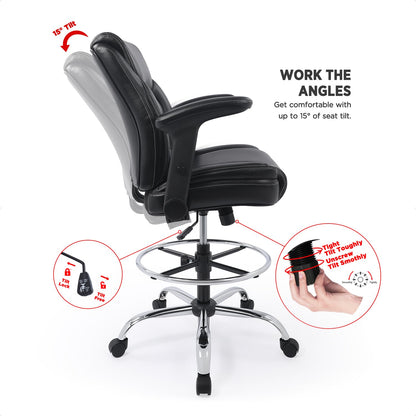 Ergonomic Mid-Back Premium Faux Leather Adjustable Drafting Chair with Multi-Function Arms and Foot Ring, Standing-Desk Matched Tall Swivel Computer Office Stool, Black