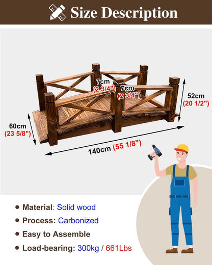 ZIMGOD Wood Garden Bridge Decor, Small Pond Bridge 1.4m/4.6ft, Arc Pond Walkway for Outside Backyard Patio, Rustic Garden Footbridge Landscaping - WoodArtSupply