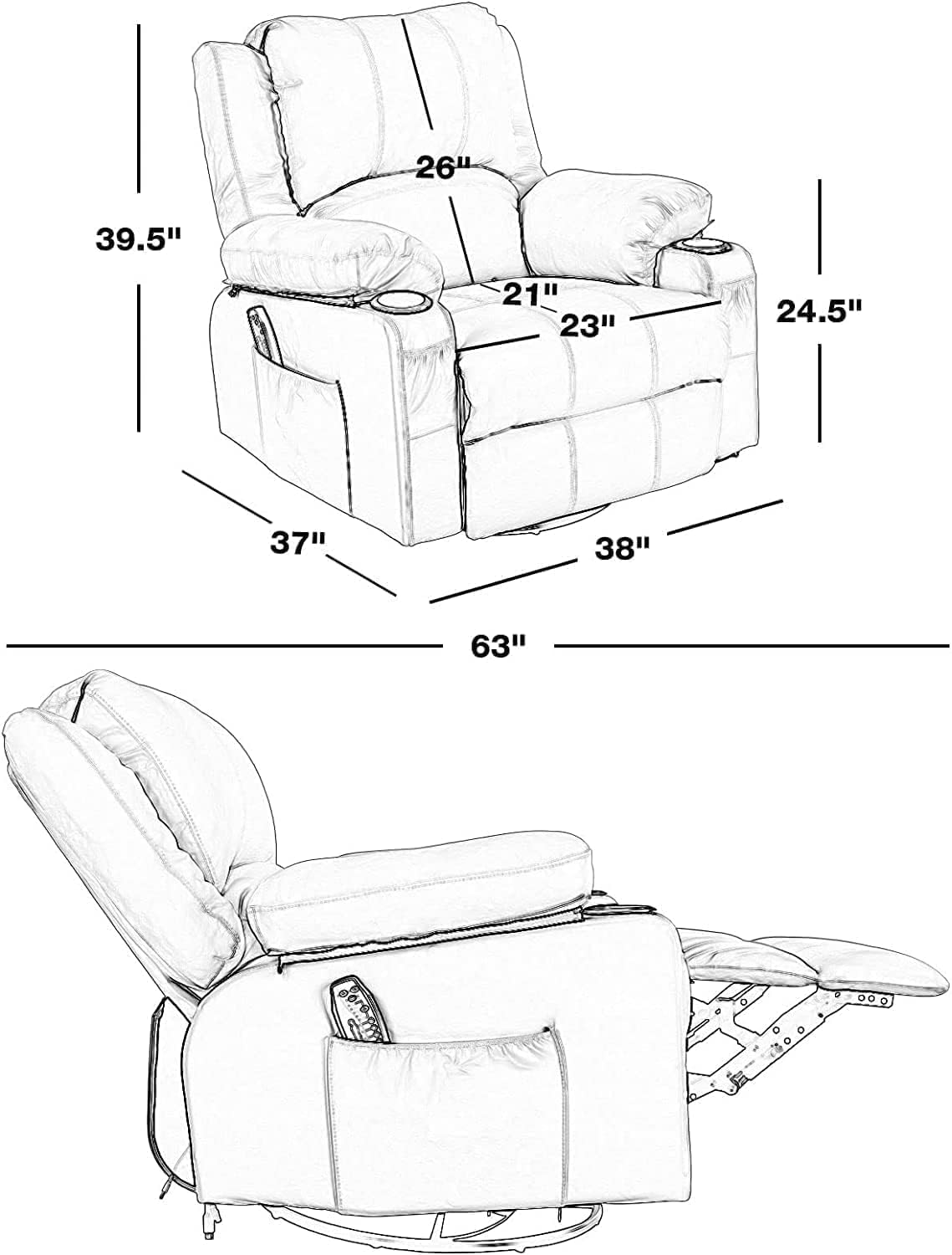 Swivel Recliner Chairs with Massage and Heat, Overstuffed Leather Rocker Recliner Chair for Adults, Manual Oversized Rocking Single Sofa Recliners with Cup Holders for Living Room,Grey KCREAM
