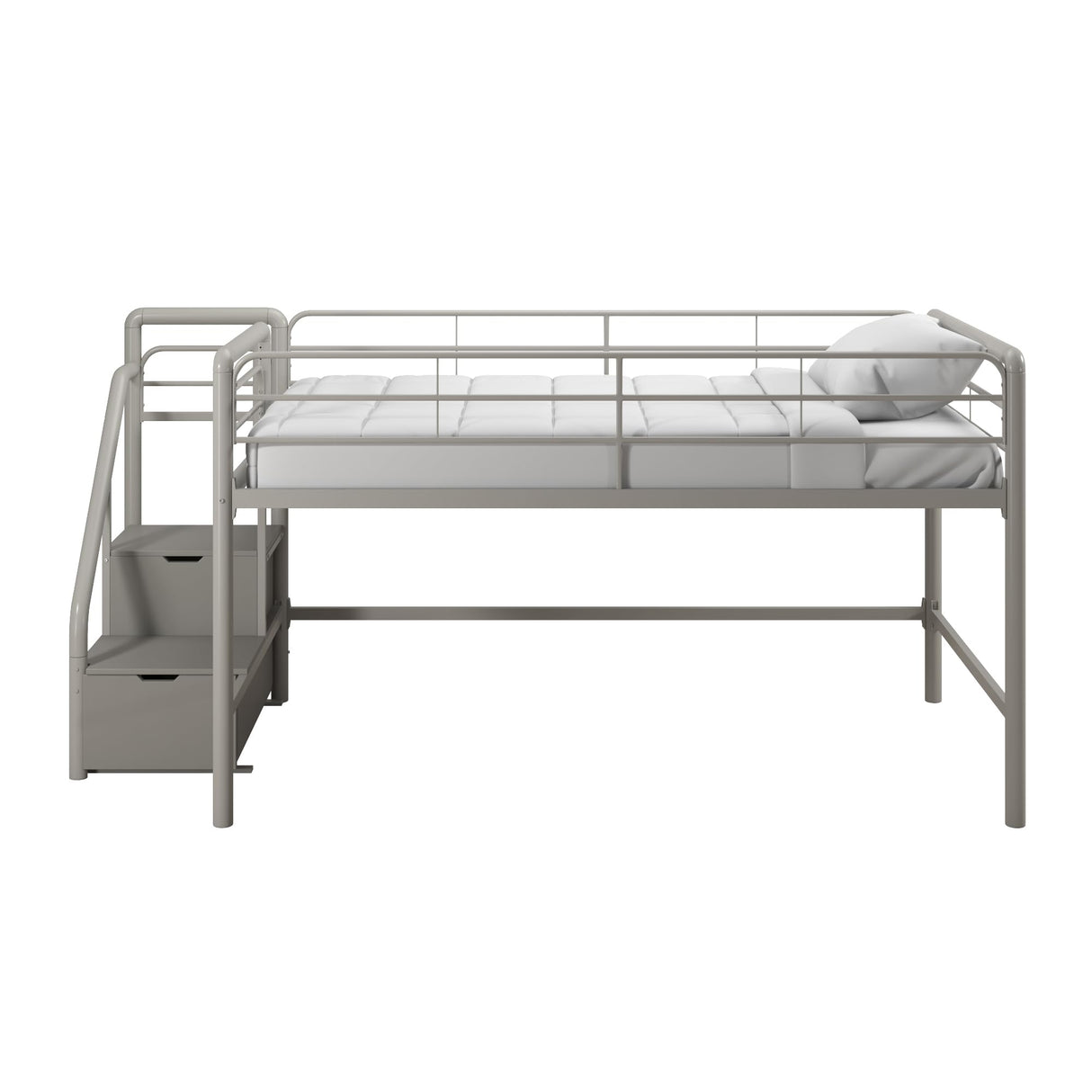 DHP Junior Twin Metal Loft Bed with Storage Steps, Multifunctional Space-Saving Solution - Silver with Gray Steps DHP