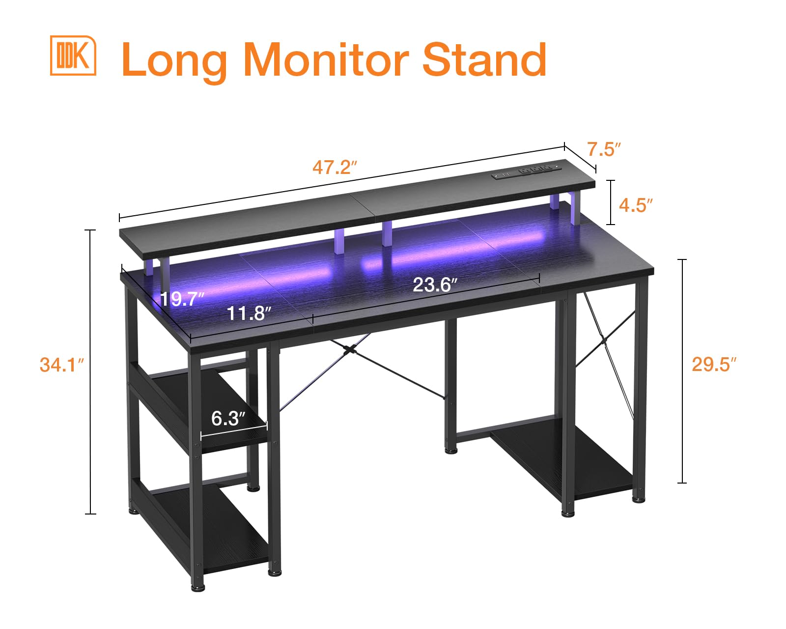 ODK 48 inch Gaming Desk with LED Lights & Power Outlets, Computer Desk with Monitor Stand & Storage Sheves, CPU Stand, Home Office Desk, Black - WoodArtSupply