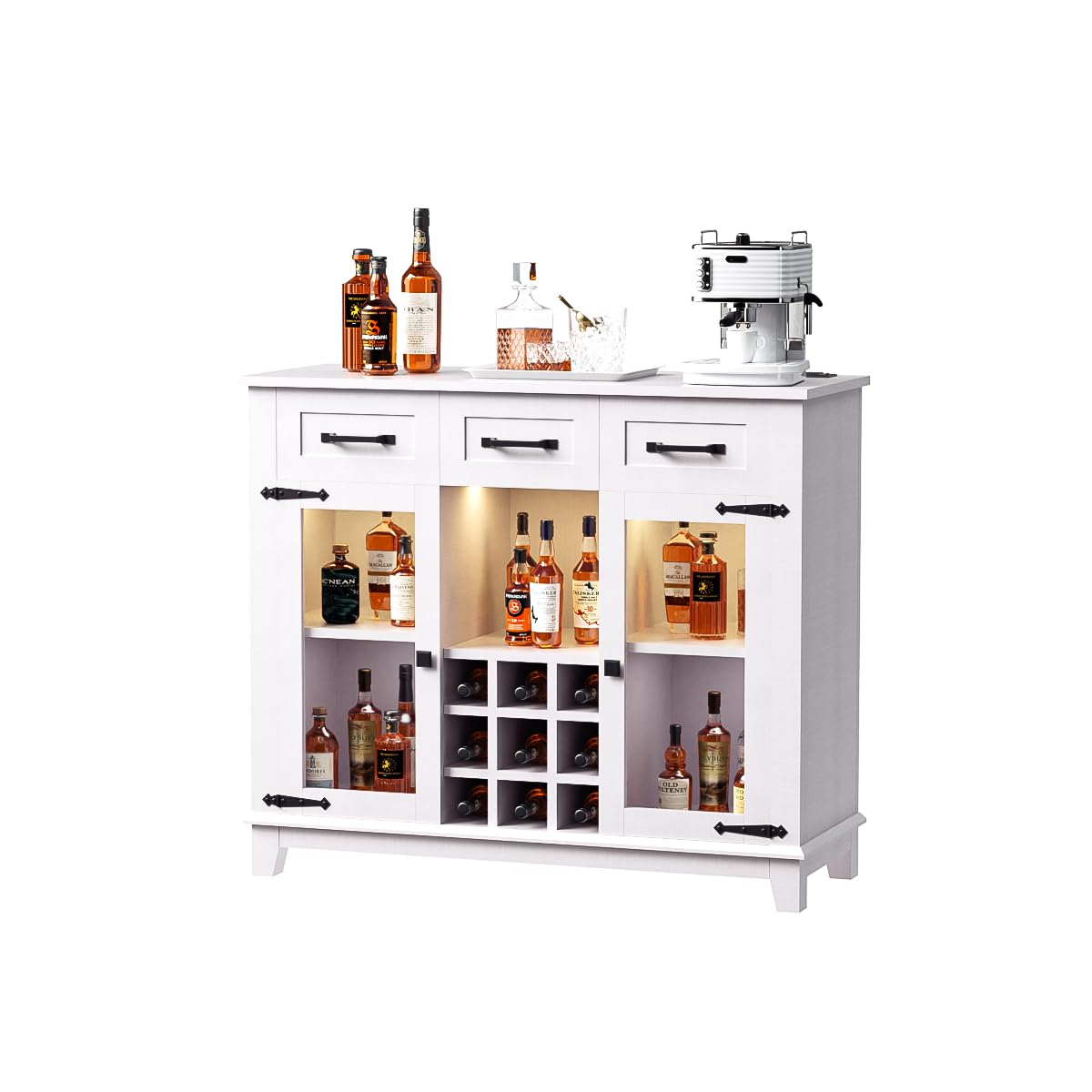 Bestwyc Coffee Bar Cabinet with LED Lighting, Storage, Wine Rack, Drawers, 47 inches, Antique White - WoodArtSupply