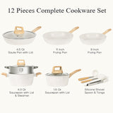 Pots and Pans Set Non Stick,12 Pcs Kitchen Cookware Sets Nonstick Induction Cookware White Granite Cooking Set with Frying Pans, Saucepans, Steamer Silicone Shovel Spoon & Tongs (NO PFOS, PFOA) SODAY