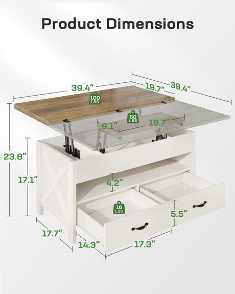 Marsail 40" Lift Top Coffee Table, 4 in 1 Coffee Table with Hidden Compartment, 1 Open Shelf and 2 Drawers, Multifunctional Farmhouse Center Table for Living Room and Home Office, Brown and White Marsail