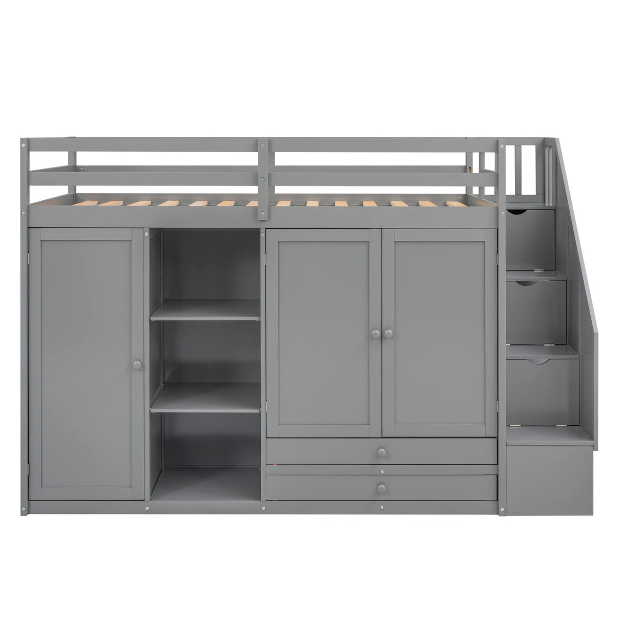 Bellemave Twin Loft Bed with Stairs and Storage - Solid Wood, Grey Finish Bellemave
