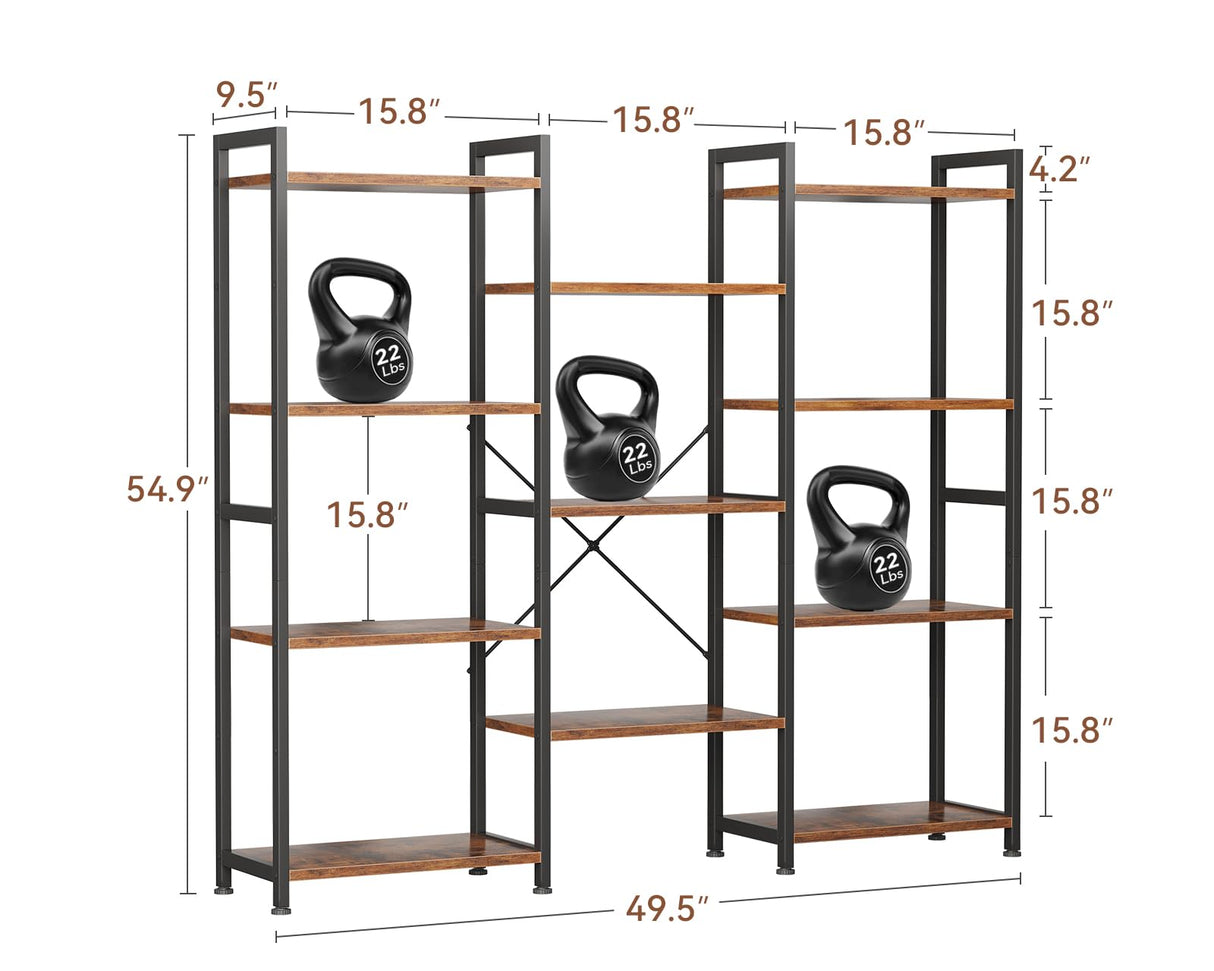 Casaottima Triple 4 Tier Bookshelf, Large Bookcase with 11 Open Display Shelves, Modern Industrial Book Shelves Book Case for Bedroom, Wide Standing Shelving Unit for Living Room Home Office, Vintage Casaottima
