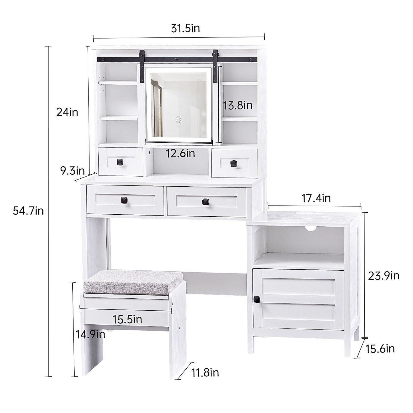 MECHYIN Vanity Desk with Sliding Mirror and Lights, Makeup Vanity with Nightstand & Charging Station, Farmhouse Makeup Desk with Drawers, Storage Shelves, White Vanity Set for Bedroom, Stool  - WoodArtSupply