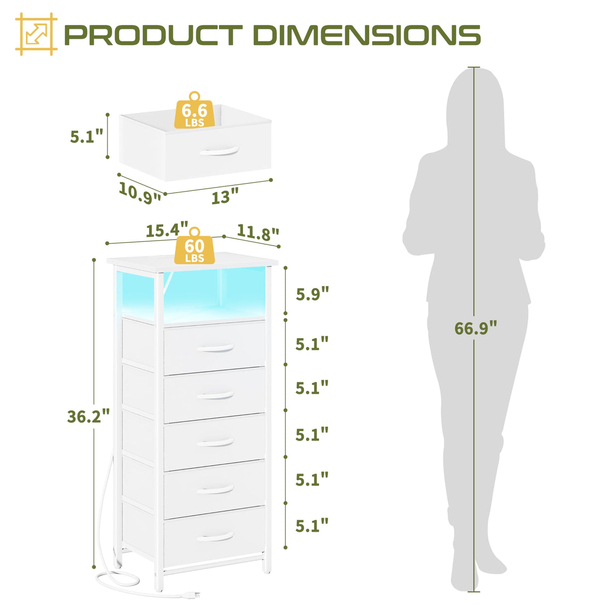 Yoobure 5 Drawers Dresser for Bedroom, Tall Nightstand with Charging Station, Fabric Dresser for Closet with Storage Shelf, Vertical Dressers Chest LED Night Stand, Bedside Table for Dorm Living Room Yoobure