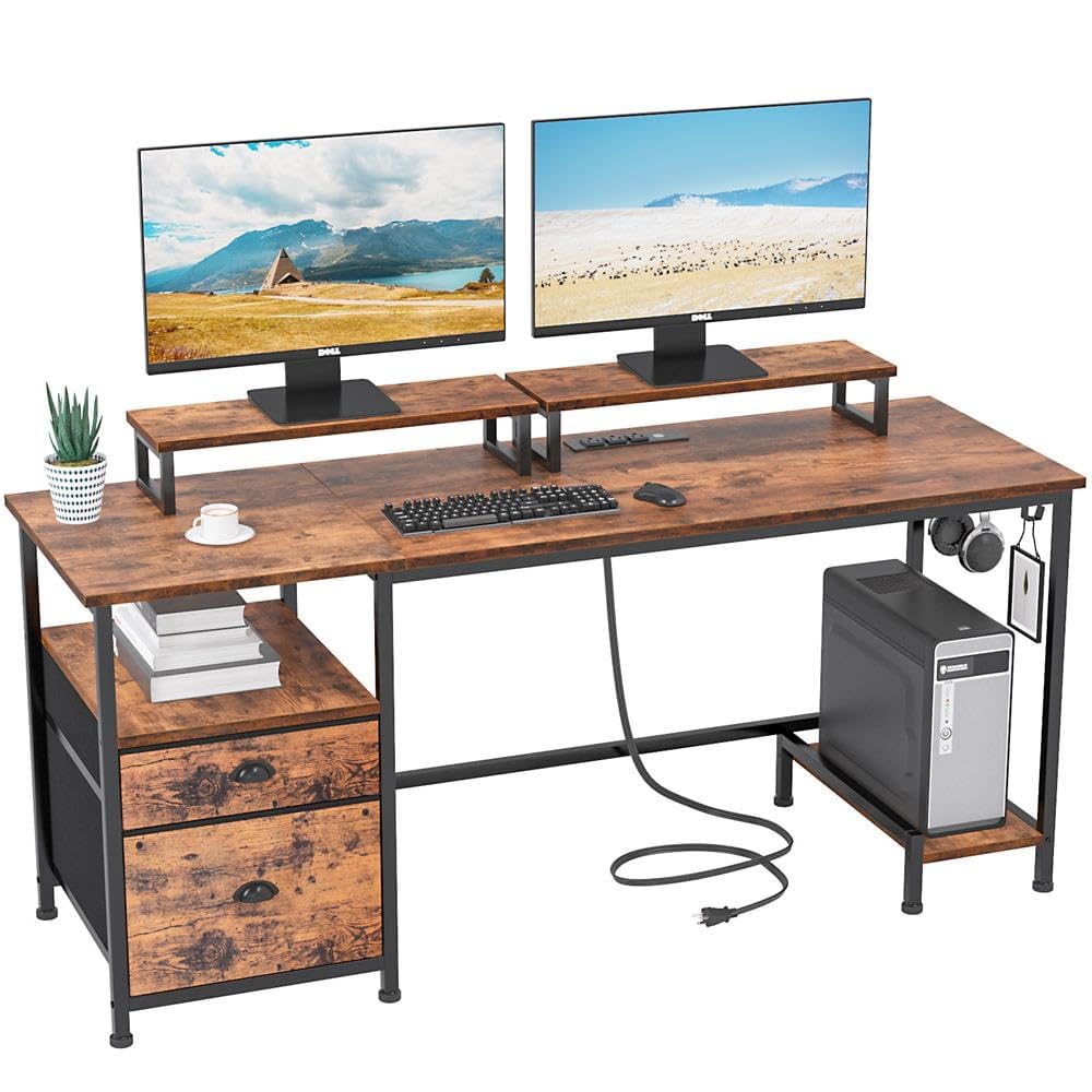 Furologee Desk with Drawer and Power Outlets, 55" Large Compter Desk with Fabric File Cabinet and 2 Movable Monitor Shelf, Writing Gaming Table with CPU Stand and 2 Hooks for Home Office, Rus - WoodArtSupply