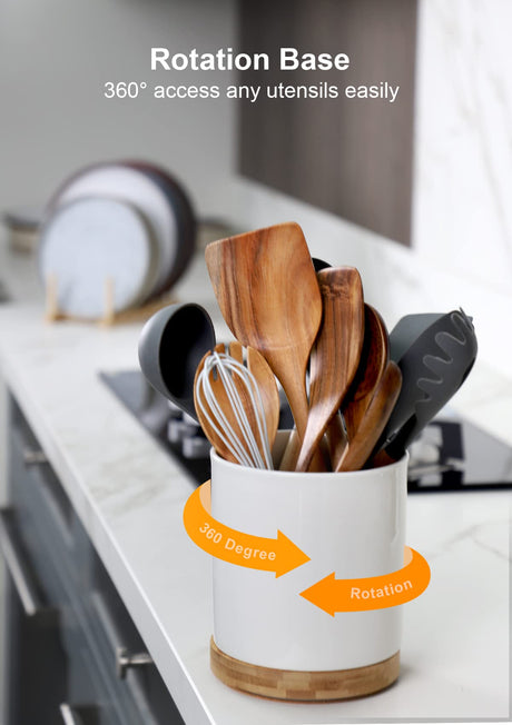 Nucookery 360° Rotating Utensil Holder, 7.2" Large Utensil Crock, White Ceramic Cooking Utensil Organizer with Countertop-Protection Cork Bottom for Farmhouse Kitchen Decor Gift (White) Nucookery