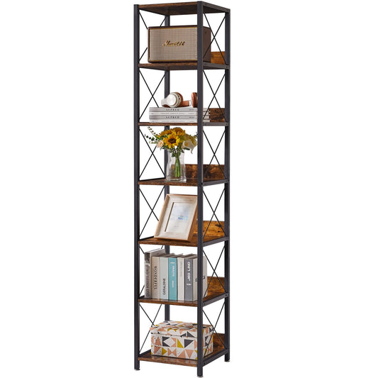 IBUYKE 6-Tier Tall Narrow Corner Bookcase for Small Space Storage in Rustic Brown - WoodArtSupply