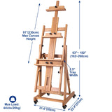 MERRIY Artist Extra- Large Multi-Function Studio Easel, H-Frame Art Easel, Tilts Flat, Solid Beech Wood Painting Easel Stand, Movable Floor Easel with Drawer & Silent Wheels, Holds 2 Canvas Up to 91" MERRIY