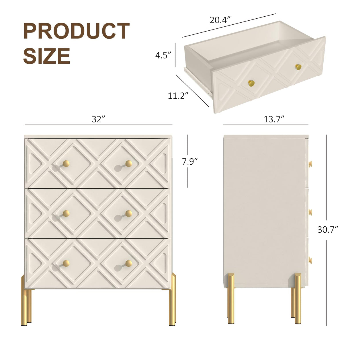 TRINEAR 3 Drawer Dresser, Wood Drawers for Bedroom with Metal Legs, Modern Dressers with Wide Storage, 30 inch Large Nightstand with Diamond Design for Living Room, Hallway, Entryway, Cream TRINEAR
