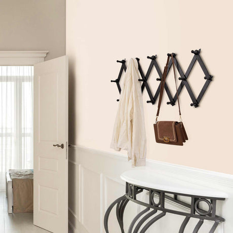 SCUNDA Accordion Wall Hanger with 16 Hooks, Wooden Wall Expandable Coat Rack for Coat, Hats, Baseball Caps, Coffee Mug, Jewelry(Black) SCUNDA