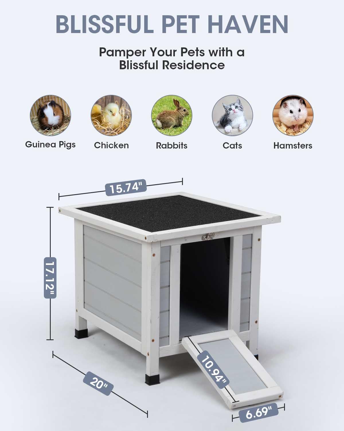 SANDINRAYLI Outdoor Cat House, Outside Rabbit Hutch Weatherproof, Small Bunny Hutch for 2 Rabbits, Wooden Cat Shelter for Duck, Chicken, Insulated Cat Houses and Hideouts for Feral Cat, Grey - WoodArtSupply