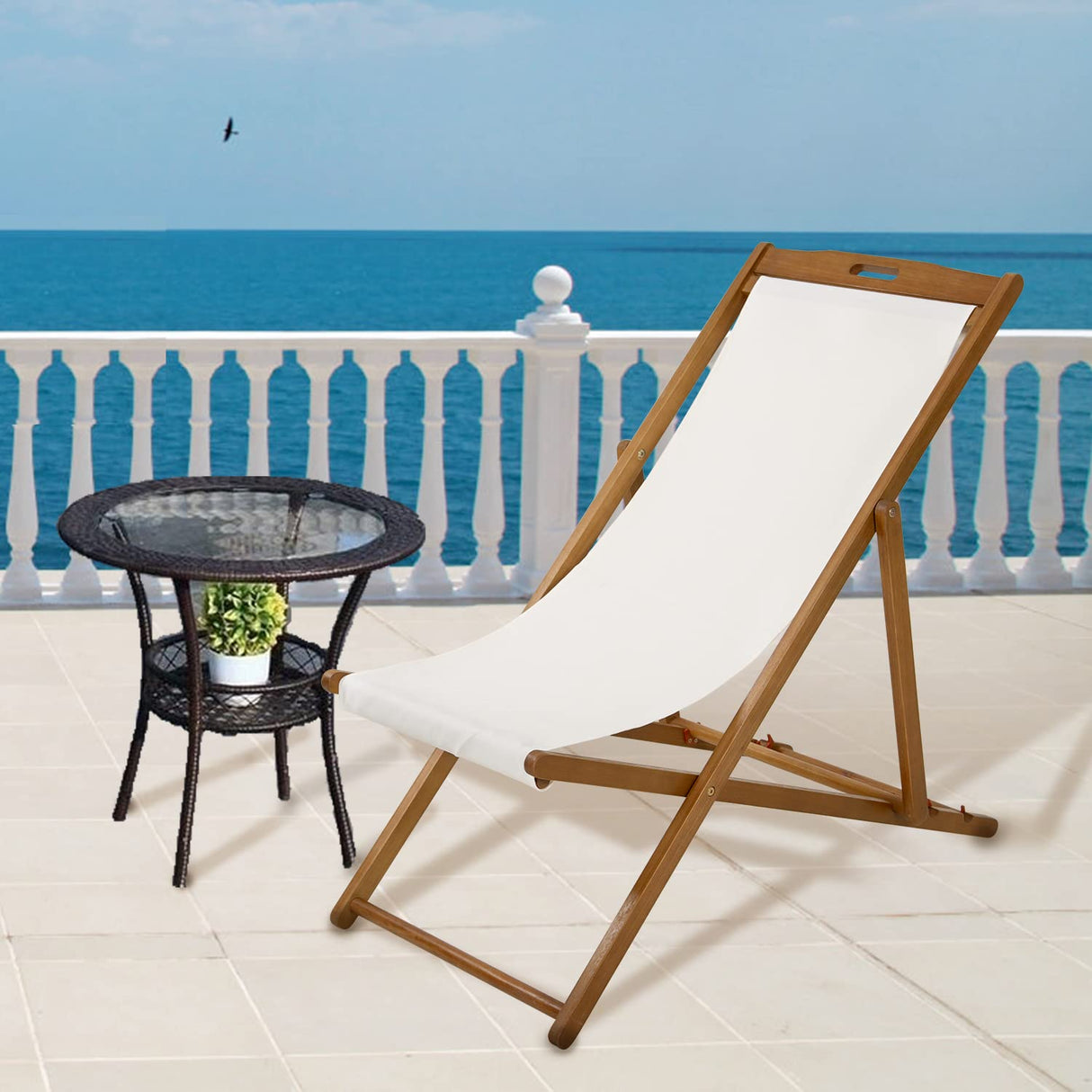 Beach Sling Chair Set of 2, Outdoor Folding Wood Beach Chair with White Polyester Canvas, 3 Level Adjustable Height Patio Lounge Chair Dkeli