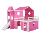 House Full Loft Bed Frame with Slide and Tent, Full Size Loft Bed with Small Pinnacle and Ladders, Wood Full Bunk Beds, Playhouse Bed Frame for Kids, Teens, Boys & Girls (Full Size, Pink) Harper & Bright Designs