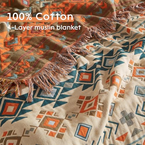 Boho Throw Blanket for Bed 80”x90”, 100% Cotton Woven Blanket for Couch Sofa, Ultra Soft 4-Layer Muslin Quilt with Diamond Pattern, Farmhouse Bed Blanket/Cover for Living Room Decor SE SOFTEXLY