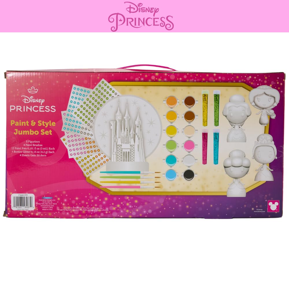Disney Princess DIY Paint Your Own Figurines Arts and Crafts Set for Girls, Jumbo Figurines, Paint, Paint Brush, Glitter, and Gem Adhesives, Cinderella, Belle, Tiana, Jasmine, and Princess Castle Innovative Designs