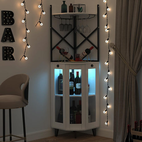 COCO DESIGN Corner Wine Cabinet with Locking Door, Alcohol Cabinet with Light, Lockable Bar with Glass Door for Home Kitchen, Dining Room, Farmhouse, 2 Glass Trays and 2 Wine Racks, White COCO DESIGN