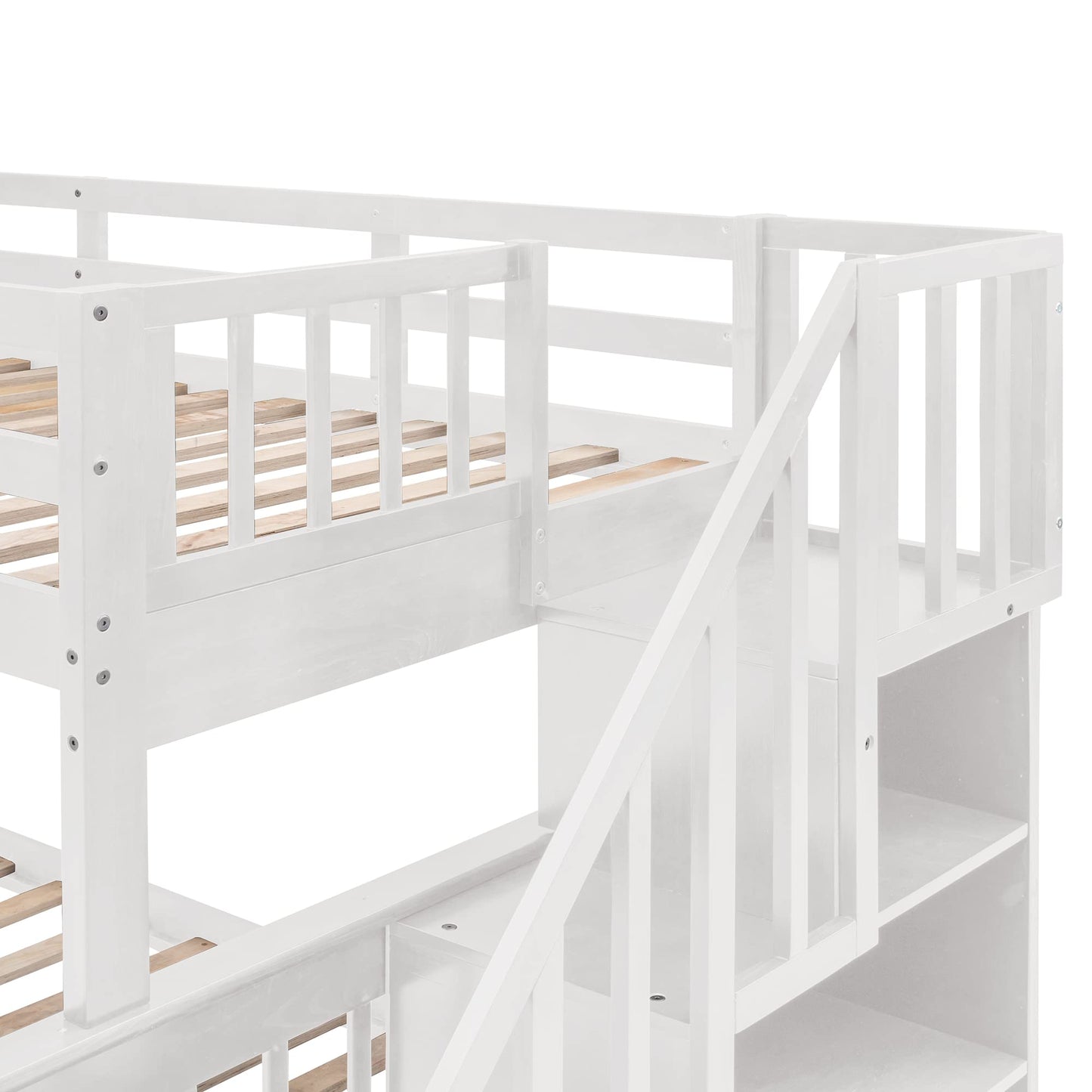 Harper & Bright Designs Twin Over Full Bunk Bed with Stairs and Storage in White - WoodArtSupply